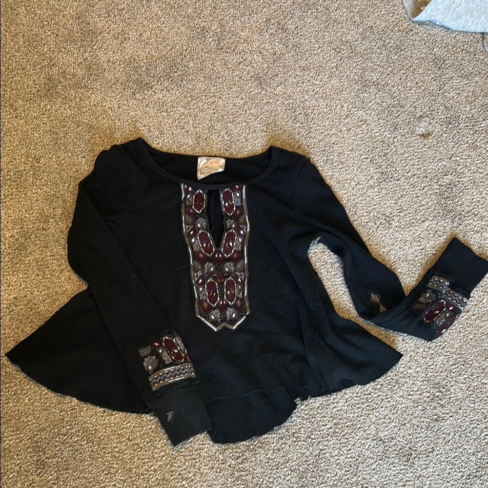 Free People Long Sleeve Top with Embroidered Details